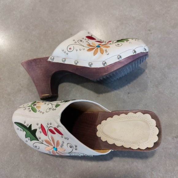 SPRING Women's Ivory Floral Embroidered Leather Platform Mules/Clogs Size 7.5M - Picture 4 of 10